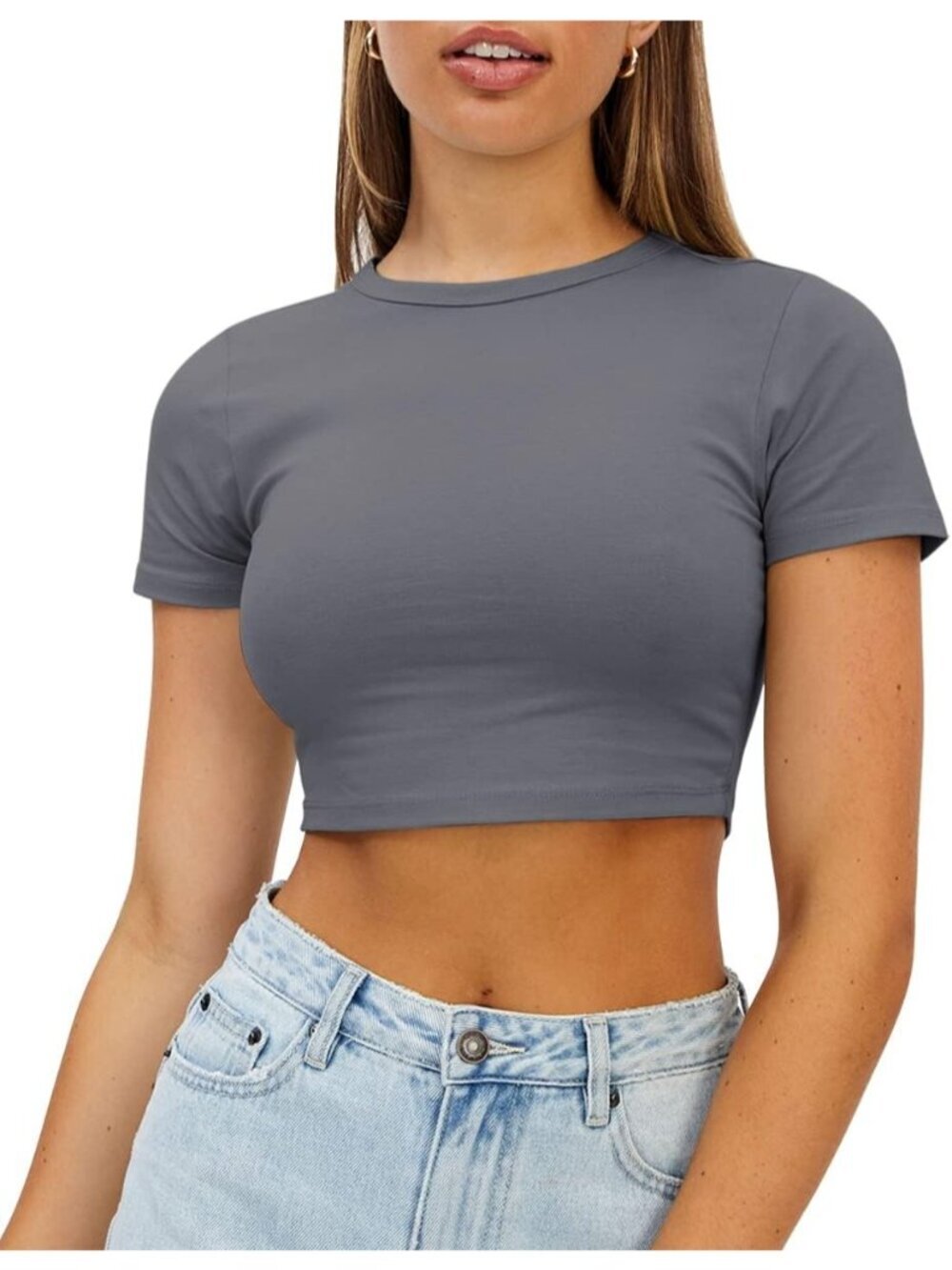 Women's Grey Summer Crew Neck Basic Tees Slim Fit Trendy Short Sleeve Crop Tops